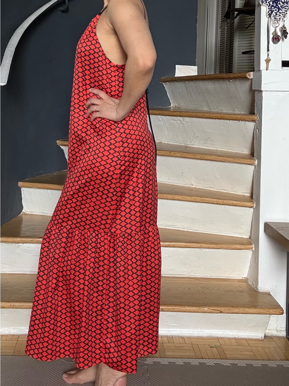 🇧🇷 Red & Black Printed Midi Dress – Open Back Tie Detail  Size S Made in Brazil - Picture 7 of 10